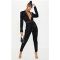Black Velvet Sequin Plunge Front Tailored Jumpsuit
