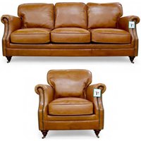 Luxury Vintage 3+1 Seater Settee Sofa Suite Distressed Tan Real Leather