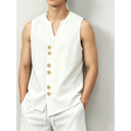 Men's Linen-Look V-Neck Button Sleeveless Top & Drawstring Shorts 2-Piece Set, Breathable Casual Summer Vacation Outfit
