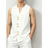 Men's Linen-Look V-Neck Button Sleeveless Top & Drawstring Shorts 2-Piece Set, Breathable Casual Summer Vacation Outfit
