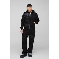 Chándal Oversize Recto Official Con Capucha, Cremallera Y Estampado En Tonos Neutros, Negro