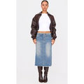 Vintage Wash Side Split Raw Hem Denim Midi Skirt