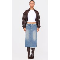 Vintage Wash Side Split Raw Hem Denim Midi Skirt