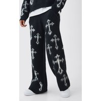 Pantalón Deportivo De Pernera Ancha Y Punto Con Estampado Gráfico Cruzado, Negro