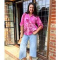 Fuchsia Floral Sequin Pocket Roll Sleeve Top