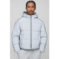 Oversized Boxy Crinkle Reflective Fabric Hooded Puffer Jacket, Gris