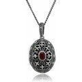 Victorian Style Oval Cornelian & Marcasite Locket on Chain in Sterling Silver
