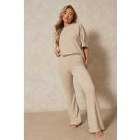 Womens Recycled Rib T-Shirt Trouser PJ Set - stone - 10, Stone