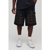 Regular Fit Carpenter Contrast Stitch Denim Jorts, Negro