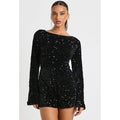 Velvet Sequin Flare Sleeve Playsuit, Negro