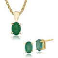 Classic Oval Emerald Single Stone Stud Earrings & Pendant Set in 9ct Yellow Gold