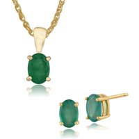 Classic Oval Emerald Single Stone Stud Earrings & Pendant Set in 9ct Yellow Gold