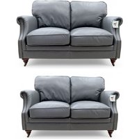 Luxury Vintage 2+2 Seater Settee Sofa Suite Grey Real Leather