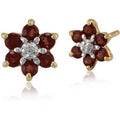 Floral Oval Garnet & Diamond Cluster Stud Earrings in 9ct Yellow Gold