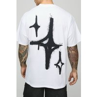 Camiseta Oversize Blanca Con Estampado De Grafiti Y Espray De Estrellas, Blanco