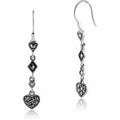 Art Deco Style Round Marcasite Pave Set Heart Drop Earrings in 925 Sterling Silver
