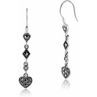 Art Deco Style Round Marcasite Pave Set Heart Drop Earrings in 925 Sterling Silver