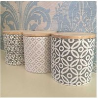 Modern Embossed Porcelain Storage Jars Set with Bamboo Lids - Kitchen Organiser, Airtight, Minimalist Home Decor (Set of 3) | Wowcher