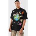Camiseta Oversize Con Cuello Extendido Y Estampado Gráfico Espacial, Negro