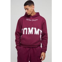 Felpa squadrata oversize con stampa Homme e cappuccio, Rosso