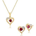 Classic Heart Ruby & Diamond Heart Stud Earrings & Pendant Set in 9ct Gold