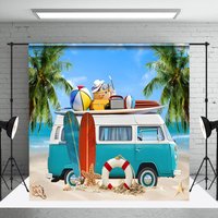 Vacation Blue RV Sea Tree Beach Summer Backdrop - Aperturee