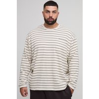 Plus Oversized Striped Heavyweight Long Sleeve T-Shirt, Cream