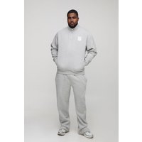 Plus Regular 1/4 Zip Gothic B Embroidered Funnel Neck Sweater & Regular Split Hem Jogger Tracksuit, Gris