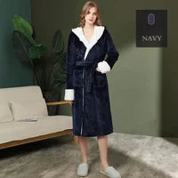 European and American Women's Mid To Long Autumn Casual Thick Hooded Flannel Bathrobe, Fashionable Thick Coral Fleece Pajamas