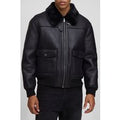 Man Oversized Washed Pu Borg Collared Bomber Jacket, Negro