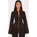 Petite Brown Long Sleeve Fitted Denim Shirt