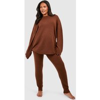 Conjunto Plus Para Estar En Casa De Punto Con Jersey Con Cuello De Caja, Brown