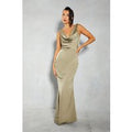 Womens Premium Satin Knot Detail Cowl Neck Maxi Dress - green - 10, Green