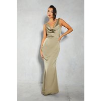 Womens Premium Satin Knot Detail Cowl Neck Maxi Dress - green - 10, Green