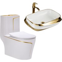 Modern Gold Line Colored One Piece Toilet and Sink Set Toilet with TankTornado Flush Bathroom Wc Toilet Sanitary Ware