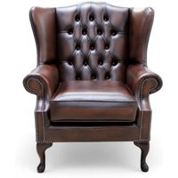 Chesterfield Mallory Flat Wing Queen Anne High Back Wing Chair Antique Brown Real Leather