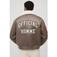 Man Oversized Washed Pu Borg Collared Bomber Jacket, Brown