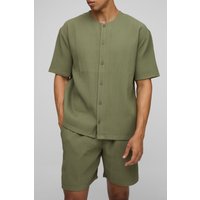 Camisa Oversize De Manga Corta Plisada Sin Cuello, Verde
