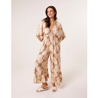 Printed Leaf Wide Leg Jumpsuit - S/M / MOCHA