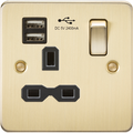KnightsBridge Flat plate 13A 1G switched socket with dual USB charger (2.4A) - brushed brass with black insert