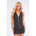 Black Washed Faux Leather Zip Front Strap Detail Corset