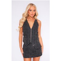 Black Washed Faux Leather Zip Front Strap Detail Corset