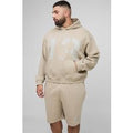 Plus Oversized Boxy 13 Print Hoodie & Short Set, Beige
