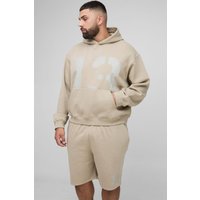 Plus Oversized Boxy 13 Print Hoodie & Short Set, Beige