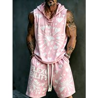 Men's 2-Piece Loose Pink Heart Sleeveless Hoodie & Shorts, "Flexibility" Print Comfort Streetwear