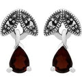 Art Nouveau Style Pear Garnet & Marcasite Drop Earrings in 925 Sterling Silver