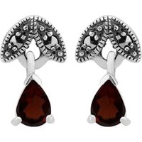 Art Nouveau Style Pear Garnet & Marcasite Drop Earrings in 925 Sterling Silver