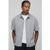 Oversized Concealed Placket Crinkle Short Sleeve Shirt, Gris