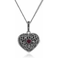 Art Nouveau Style Round Ruby & Marcasite Silver Heart Necklace