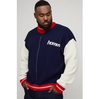Plus Oversized Zip Up Funnel Neck Homme Knitted Jacket, Navy